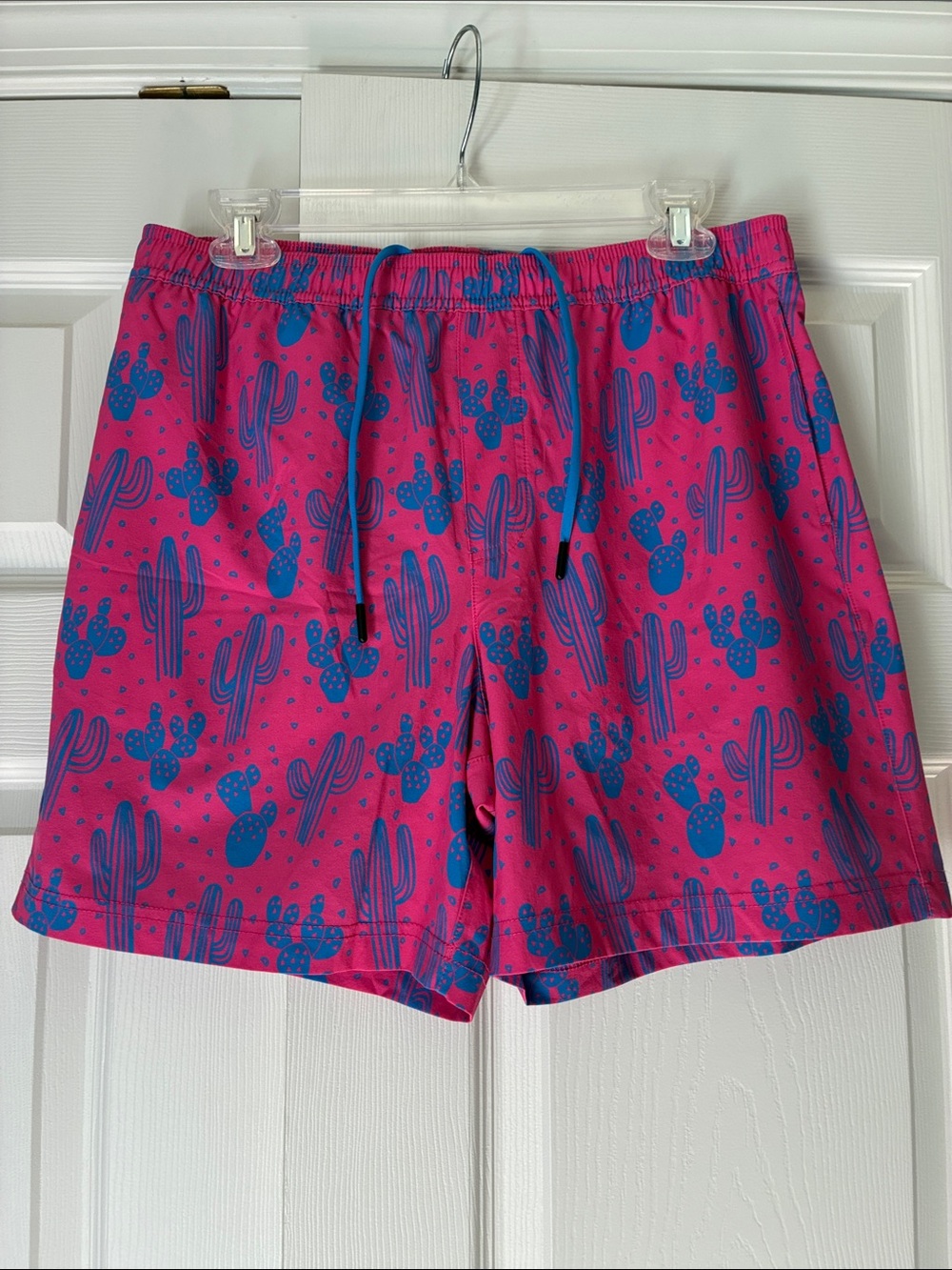 Chubbies Men's Pink Bathing Trunks with Blue Cactus Design, L